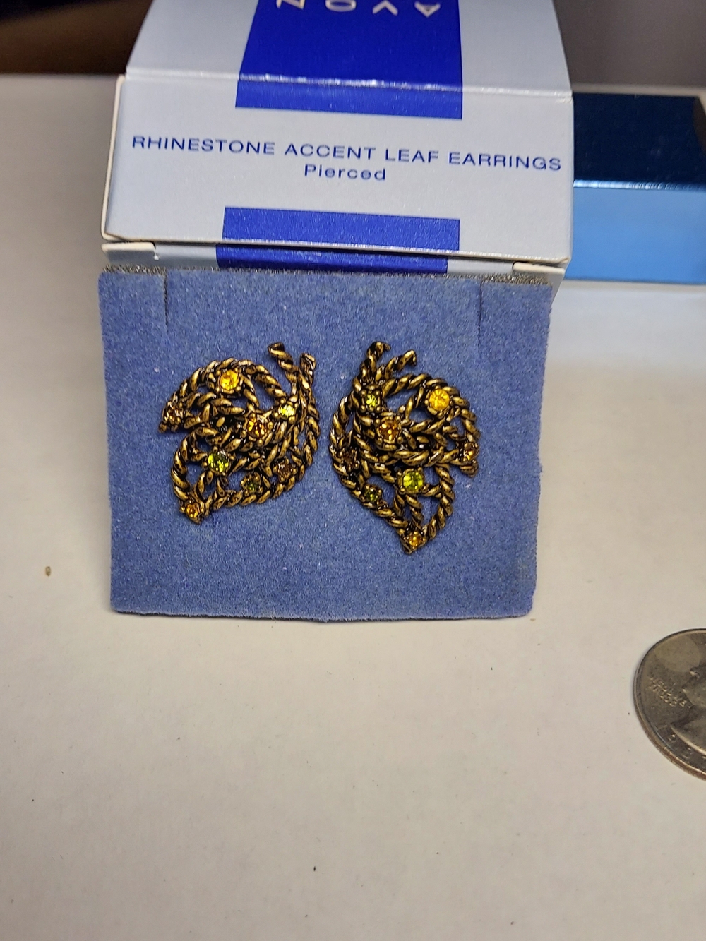 Vintage Avon Accent Gold Leaf Rhinestone Pierced Earrings with Yellow Stones